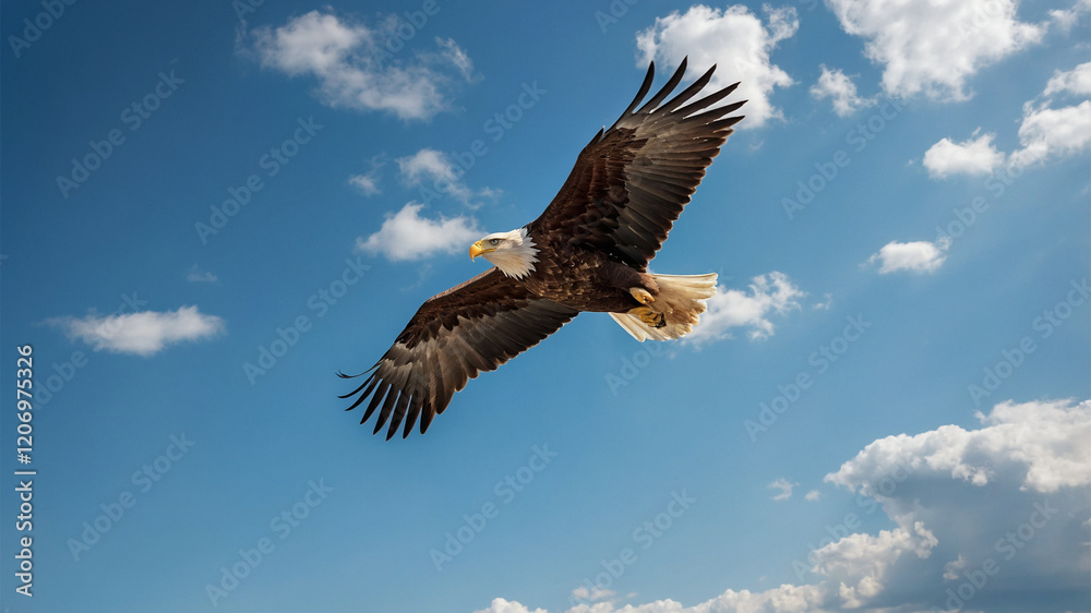 Majestic Bald Eagle Soaring High in the Blue Sky with White Clouds Majestic Bald Eagle Soaring High in the Blue Sky with White Clouds