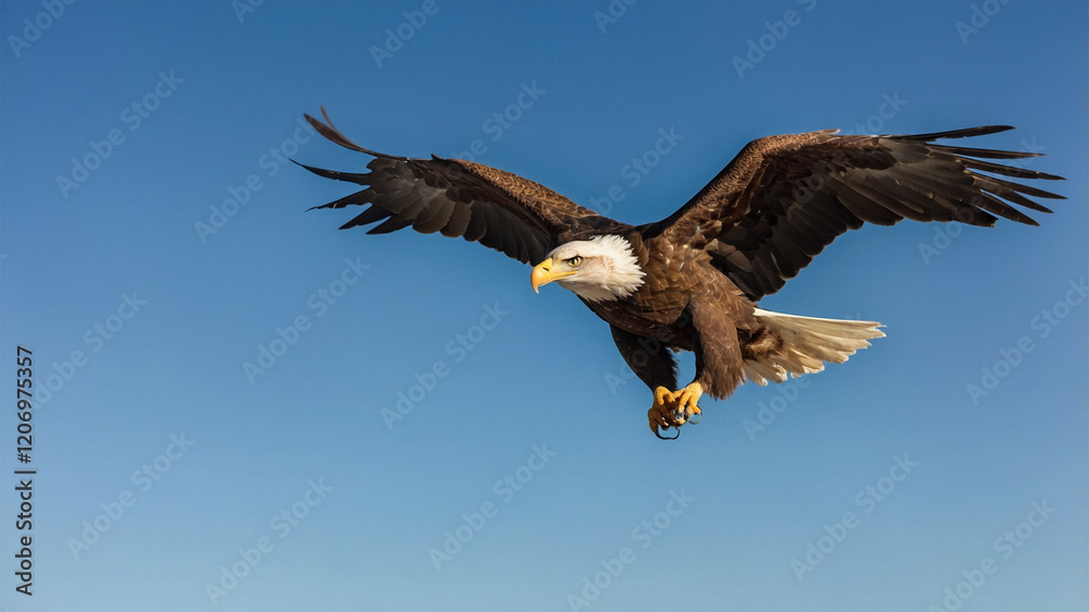 Bald Eagle soaring in the clear sky with wings wide open majestic bird Bald Eagle soaring in the clear sky with wings wide open majestic bird