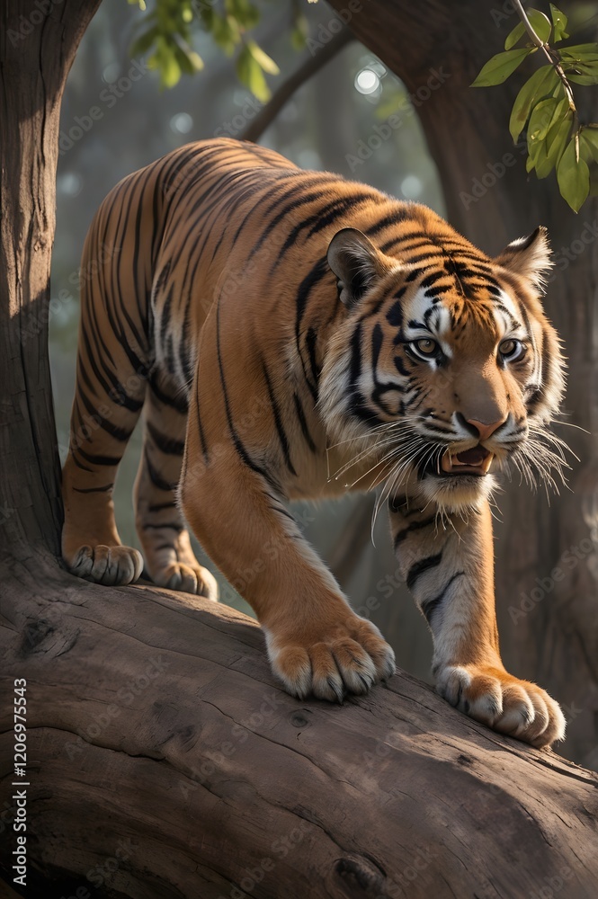 Obraz premium A tiger climbs a big tree trunk to catch its prey on the tree.