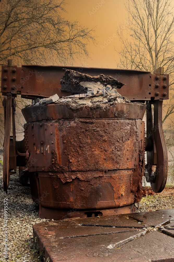 old transport vats for steel production in a disused industry
