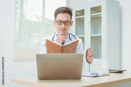Male doctor treating kidney disease at a hospital table,discussing kidney disease models,diagnosing chronic kidney disease,acute renal failure, nephritis,pyelonephritis,offering online consultations
