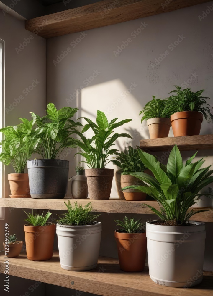 a group of agro nem plants in different pots on a shelf, vertical gardening, decorative accents a group of agro nem plants in different pots on a shelf, vertical gardening, decorative accents