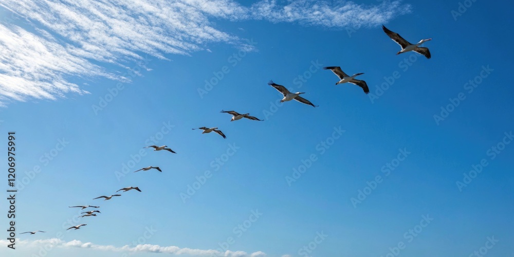 A group of birds flying freely in the sky on a sunny day with a clear blue horizon, outdoors, scenery A group of birds flying freely in the sky on a sunny day with a clear blue horizon, outdoors, scenery