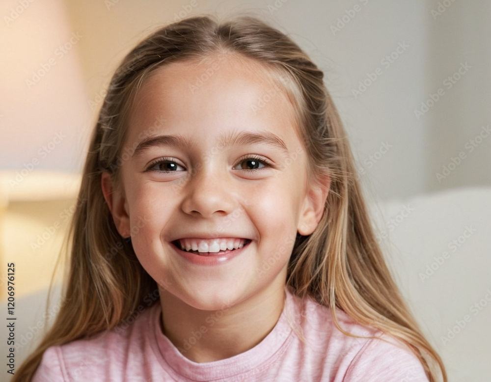 Positives Portrait eines lächelnden sechsjährigen Mädchens zuhause Positives Portrait eines lächelnden sechsjährigen Mädchens zuhause