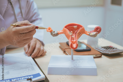Male doctor treating female uterine diseases at hospital table, discussing uterine disease models,diagnosing uterine tumors, endometriosis,bacterial vaginitis,cervical cancer,HPV-related infections