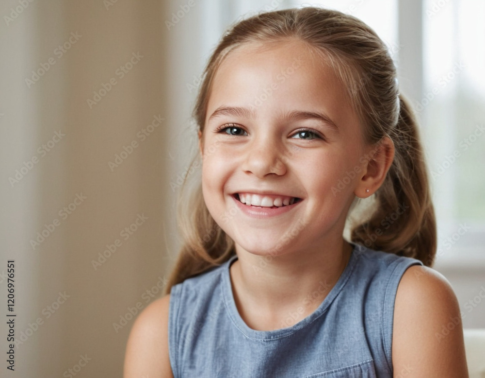 Positives Portrait eines lächelnden sechsjährigen Mädchens zuhause Positives Portrait eines lächelnden sechsjährigen Mädchens zuhause