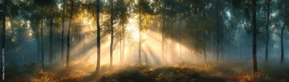 Sunlight Streaming Through Misty Forest Trees Creating a Serene and Enchanting Natural Landscape Sunlight Streaming Through Misty Forest Trees Creating a Serene and Enchanting Natural Landscape