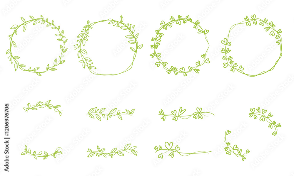 Set of spring and green design elements. Green wreath collection. Vector illustration. Set of spring and green design elements. Green wreath collection. Vector illustration.