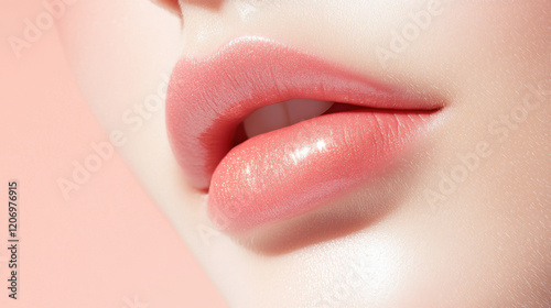 Luscious Lips: Close-up of soft, full lips with a natural, healthy pink hue, beautifully illuminated against a subtle pink background.  The image evokes a sense of beauty, femininity.