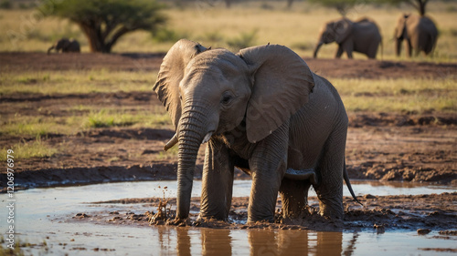 A playful young elephant enjoys a muddy bath in the African savanna landscape photo