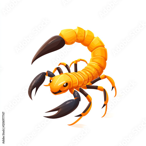 A vibrant, cartoon-style illustration of an orange scorpion with bold black claws, showcasing its unique features and playful design.