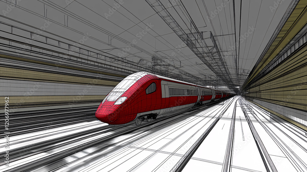 Fototapeta premium Red train traveling through a dark tunnel with motion blur and focused light at the tunnel entrance