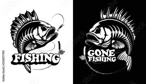 Fishing bass logo. Bass fish with rod club emblem. Fishing theme illustration. Fish Isolated on white.
