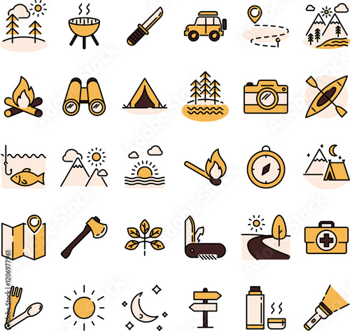 Camping icon set. Outdoor recreation activity vector line icons collection, editable stroke.
