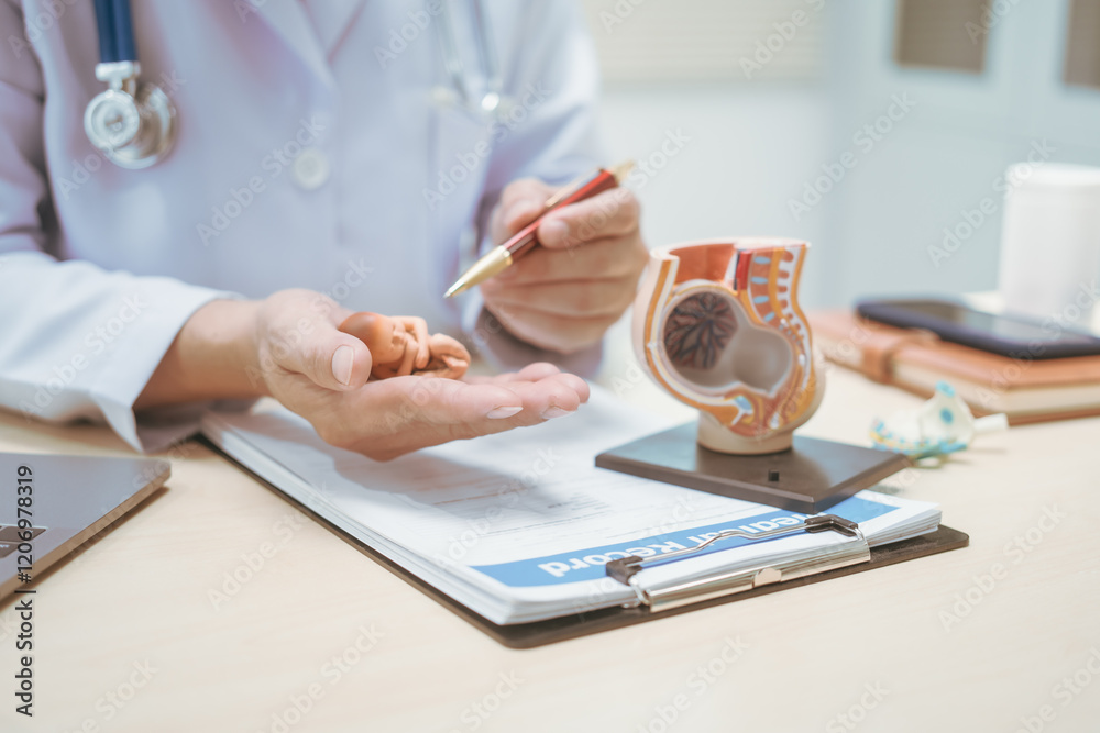 Fototapeta premium Male doctor at a hospital table, discussing pregnancy model, explaining fetal development over 9 months, from embryo to fetus, describing birth position, nail growth, and head nearing the cervix