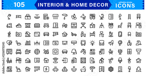 Interior and Home Decor Icons. Minimalist Vectors for Interior Design, Furniture, and Decoration