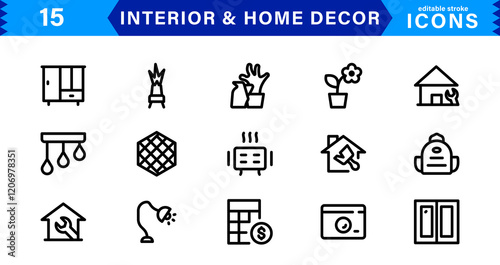 Interior and Home Decor Icons. Minimalist Vectors for Interior Design, Furniture, and Decoration