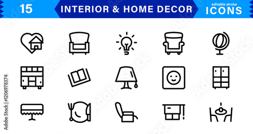 Interior and Home Decor Icons. Minimalist Vectors for Interior Design, Furniture, and Decoration