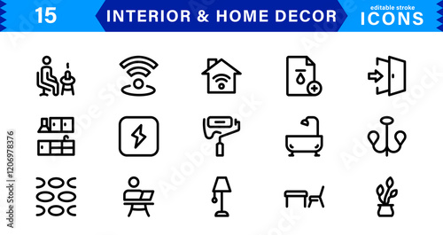 Interior and Home Decor Icons. Minimalist Vectors for Interior Design, Furniture, and Decoration
