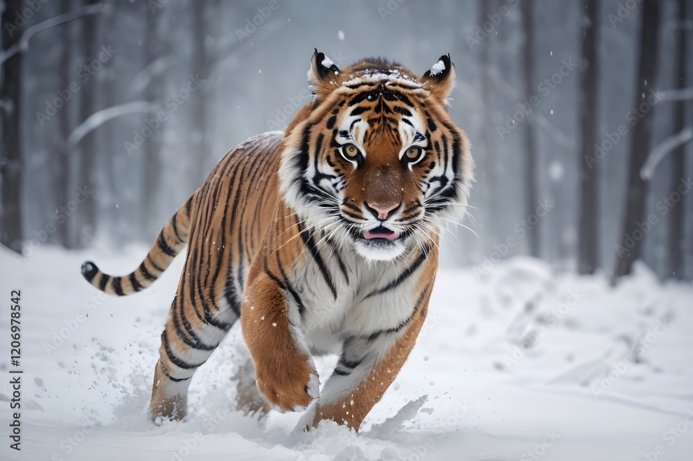 Fototapeta premium A tiger runs fast after its prey under the snow. Cold and windy atmosphere.