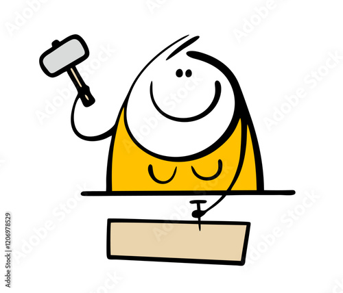 Strong woman makes handicrafts out of wood, hammers a nail into a board on the table. Vector illustration of a skillful stickman with a hammer at work. Isolated female cartoon character on white.