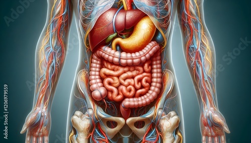 A detailed medical illustration of the human abdomen, highlighting internal organs such as the stomach, liver, and intestines in an educational format.	