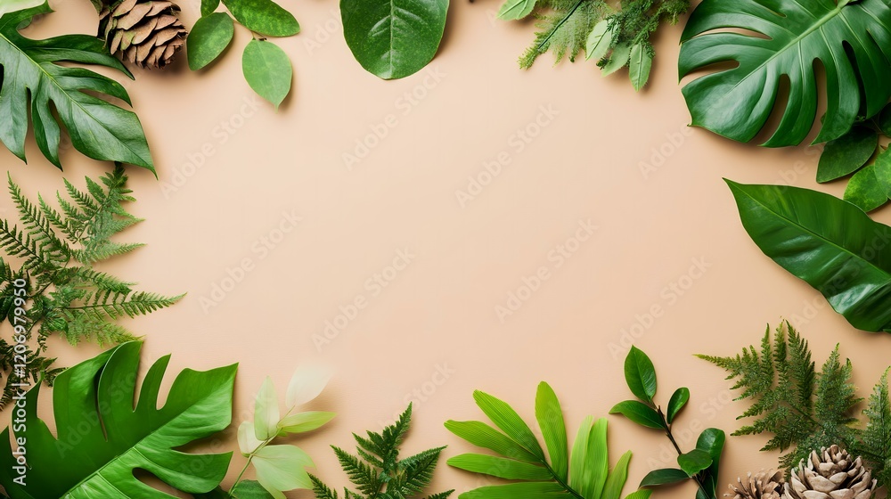 Fototapeta premium Lush green leaves frame beige background; nature border; flat lay; website banner