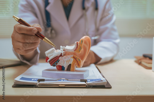 Foto Male doctor treating ear diseases at a hospital, discussing conditions like deaf