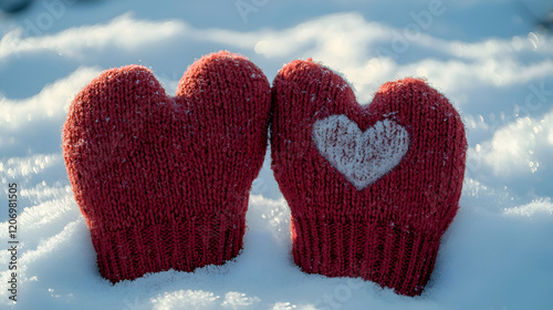 A pair of mittens connected by a heart string on a snowy background