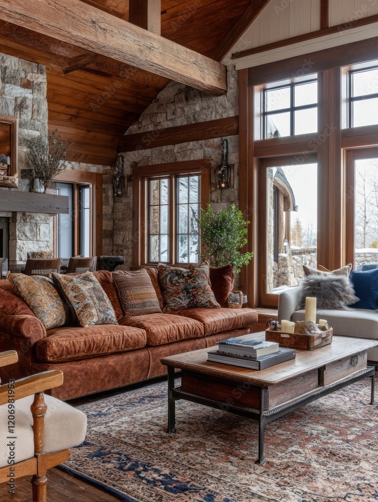 Obraz premium Rustic Mountain Cabin Living Room Interior Design