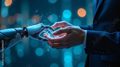 Human and AI Collaboration - Futuristic Handshake Between Man and Robot