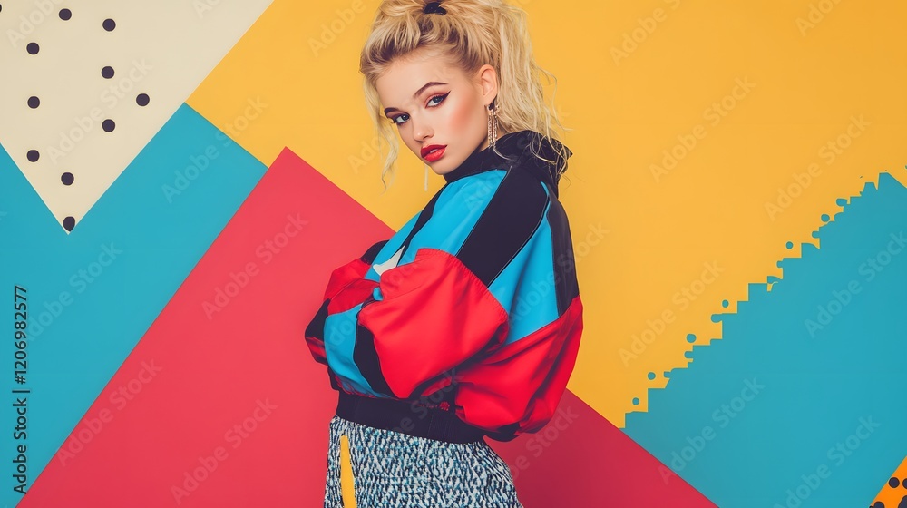 Stylish Blonde Model Posing in Retro Eighties Outfit Stylish Blonde Model Posing in Retro Eighties Outfit