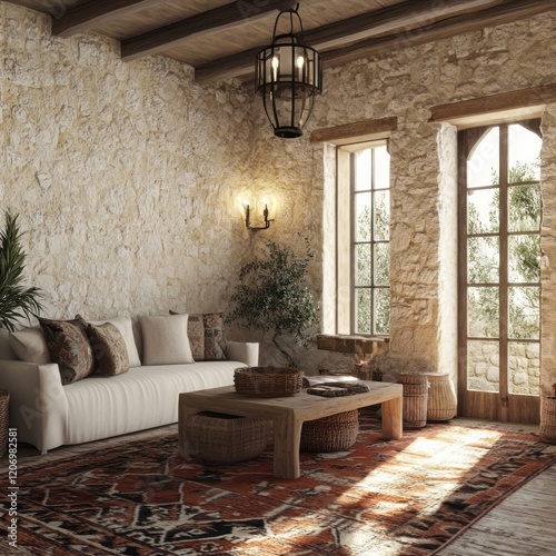 Rustic Living Room Stone Wa...