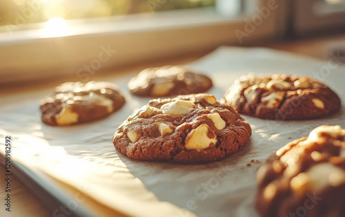 Freshly baked chocolate cookies on parchment paper with golden sunlight in the background photo