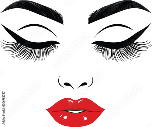 A stylized, graphic illustration of a woman's face, focusing on eyes with dramatic lashes and eyeliner and glossy red lips.