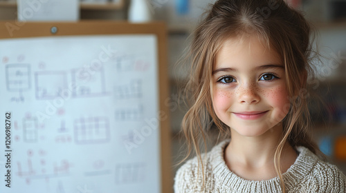 a little girl with a white board in the background