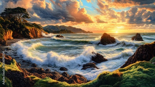 Dramatic sunset over rocky coast, waves crashing, peaceful background, ideal for travel posters