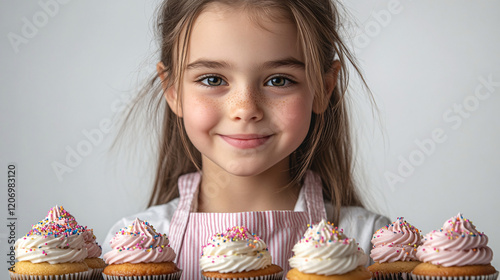 a little girl holding a plate of cupcakes