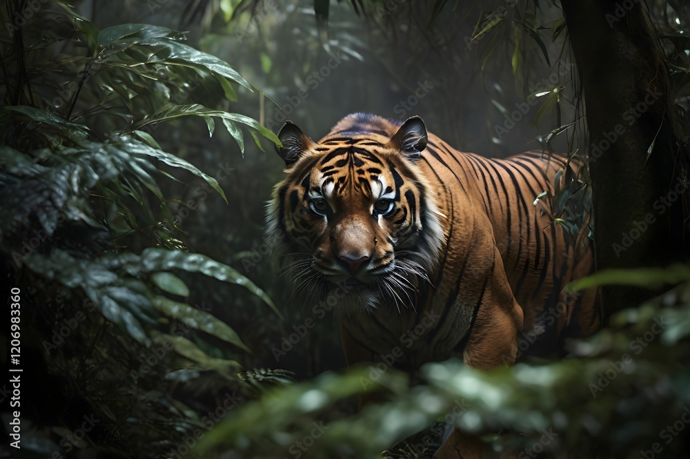 A tiger emerges from behind the bushes of a tropical forest A tiger emerges from behind the bushes of a tropical forest