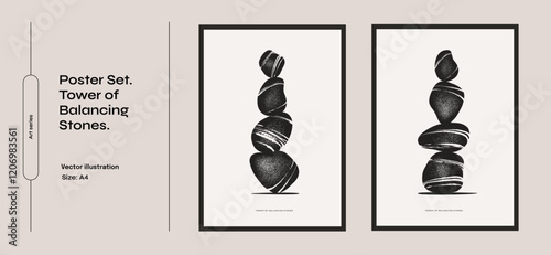 Set of posters with towers of balancing stones. Element for the design of interior posters, postcards, posters. Black and white vector illustration.