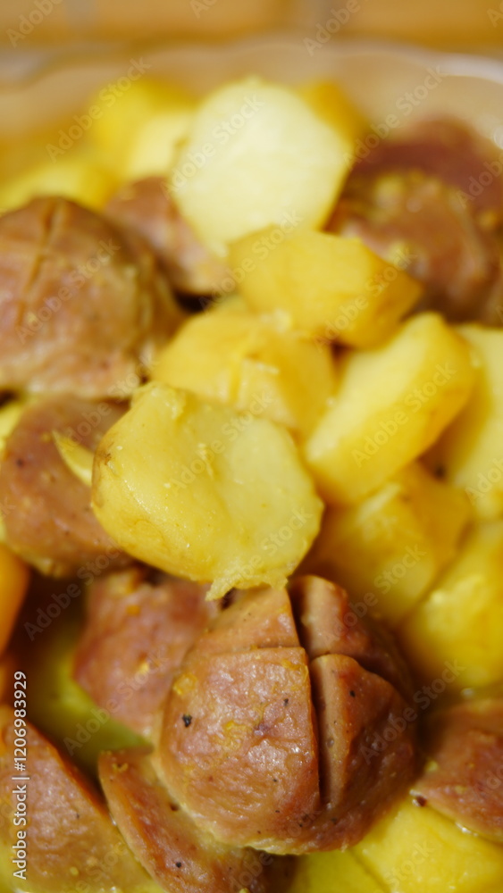 close-up of boiled meatballs and potatoes with steamy texture close-up of boiled meatballs and potatoes with steamy texture