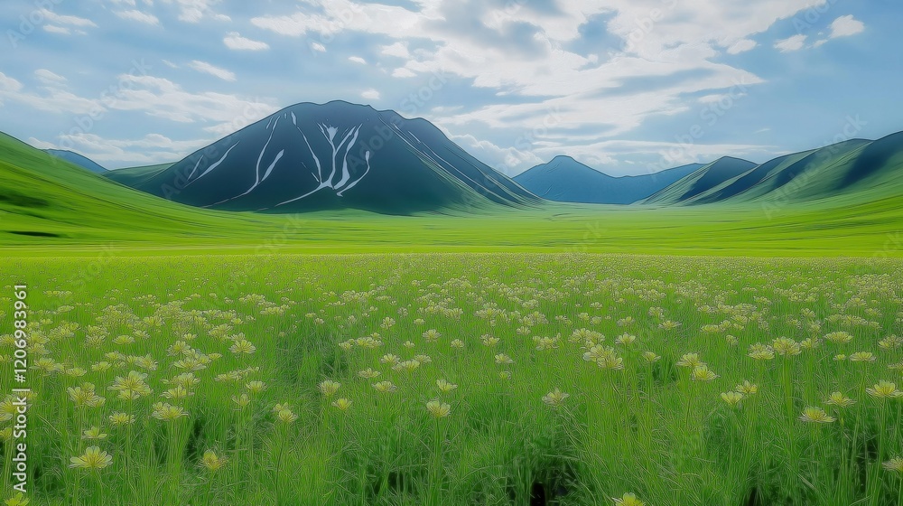 Fototapeta premium landscape with wildflowers and grass and clouds