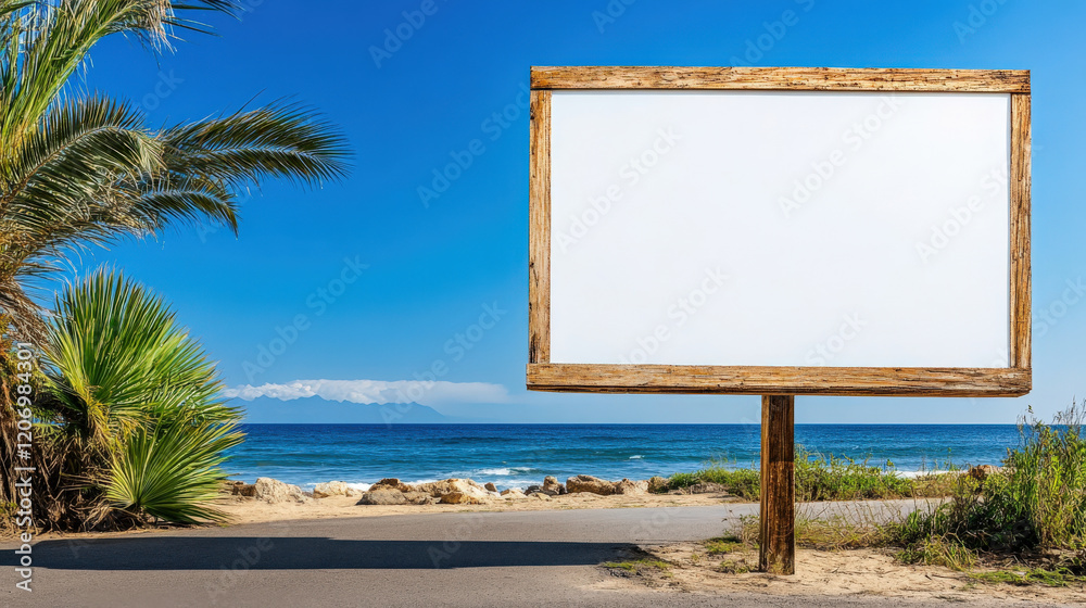 Empty billboard on beachside road with ocean view and palm trees. serene landscape evokes sense of tranquility and openness, perfect for advertising or personal messages Empty billboard on beachside road with ocean view and palm trees. serene landscape evokes sense of tranquility and openness, perfect for advertising or personal messages