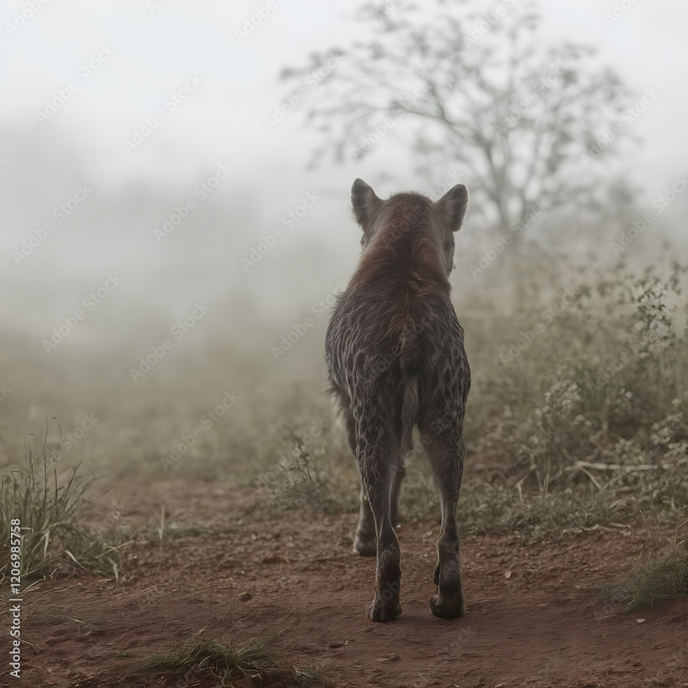 Fototapeta premium Hyena dramatic back view in foggy environment. Generative AI