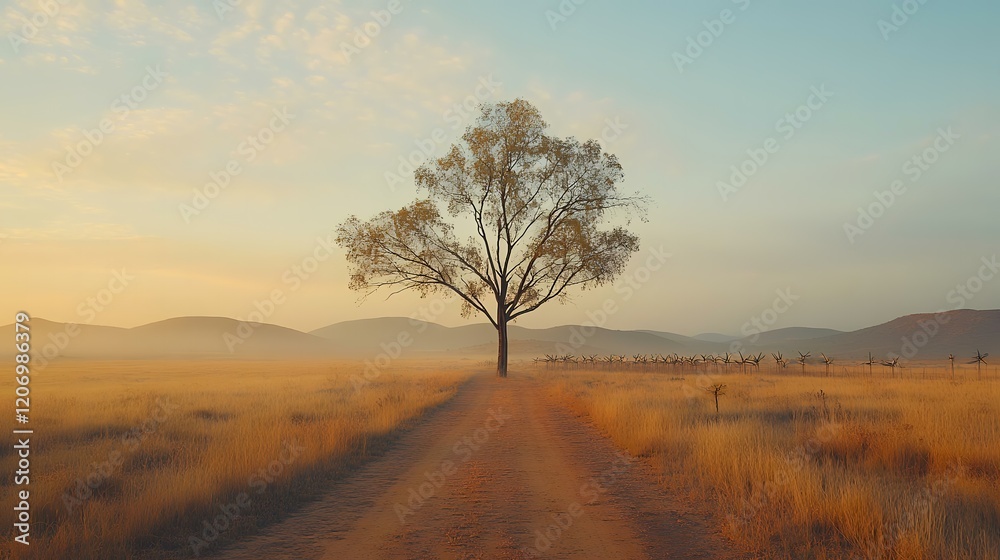 Obraz premium Sunrise over savanna, lone tree on dirt road, distant herd, peaceful landscape, travel poster