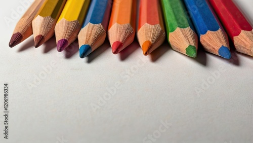 Close-up of scattered colorful pencils on white surface photo