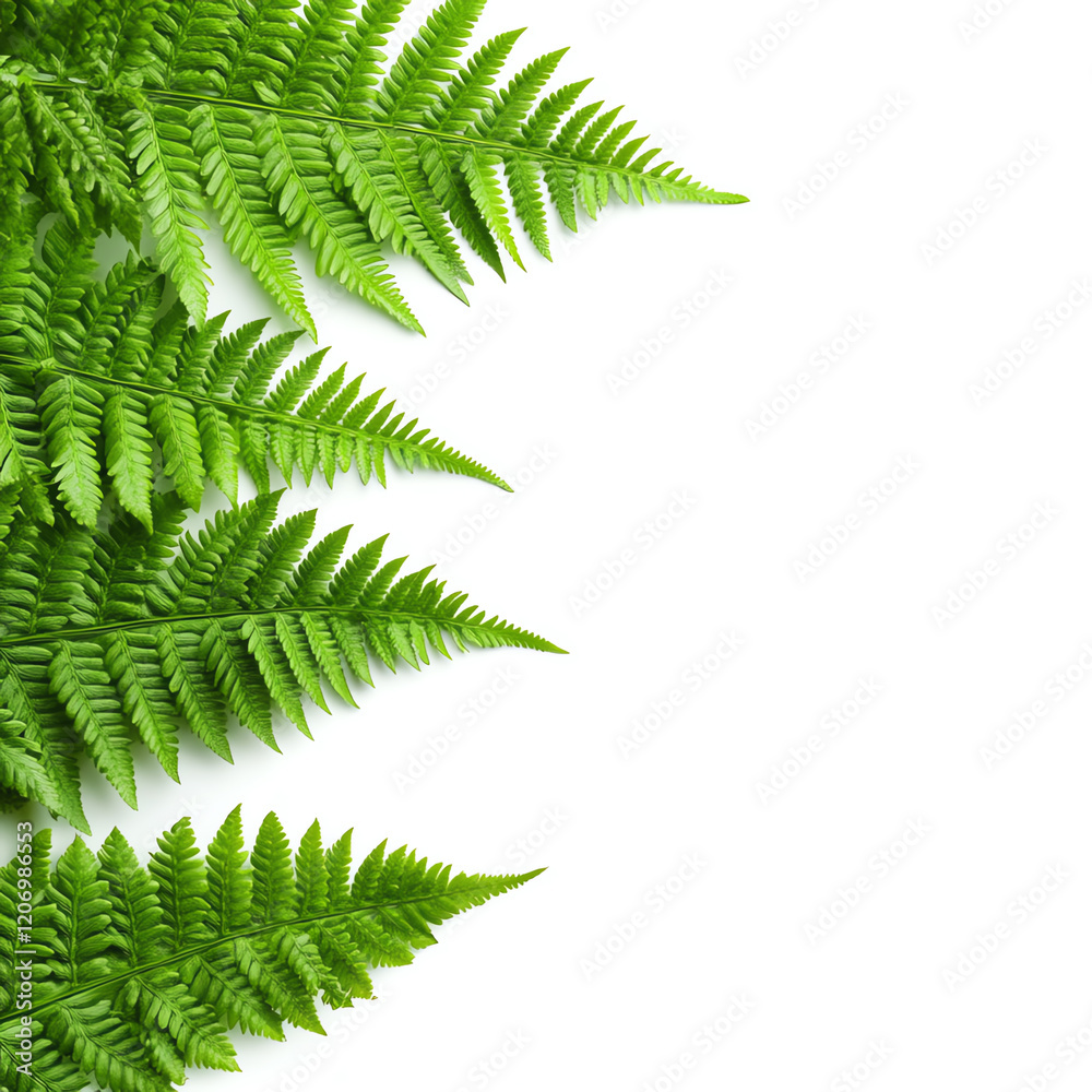 Fototapeta premium Lush green fern leaves gracefully arranged, set against a crisp white background, ideal for nature-inspired designs.