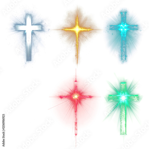 Radiant cross png religious element set, transparent background