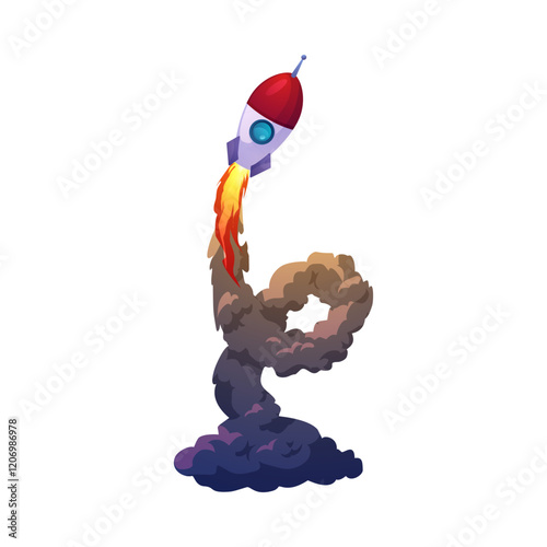 Cartoon rocket swirl flame and smoke trail, vector plume spaceship trail, space shuttle missile launch fiery vapor steam