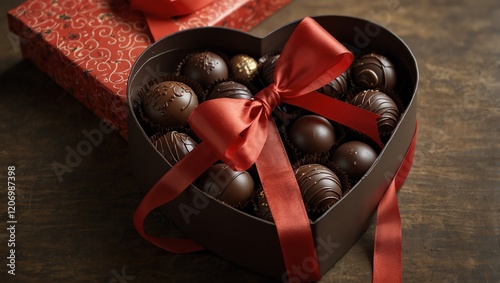 Christmas gift box with ribbon . A heart-shaped box of chocolates tied with a red ribbon, is in the foreground and an additional gift box is visible in the background.
